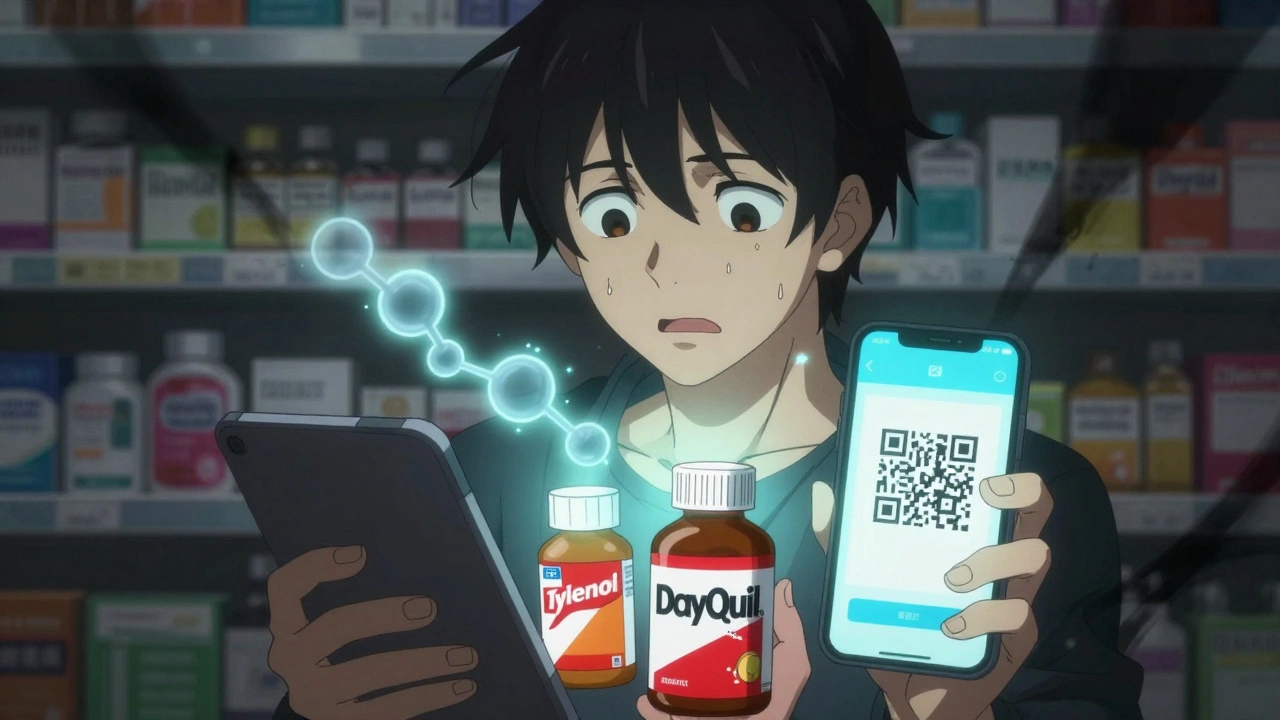 A teenager holding Tylenol and DayQuil with ghostly acetaminophen molecules floating between them.
