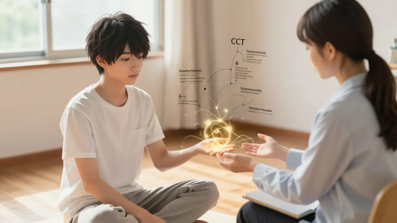 A therapeutic session with a glowing connection between patient and therapist, symbolizing cognitive behavioral therapy.