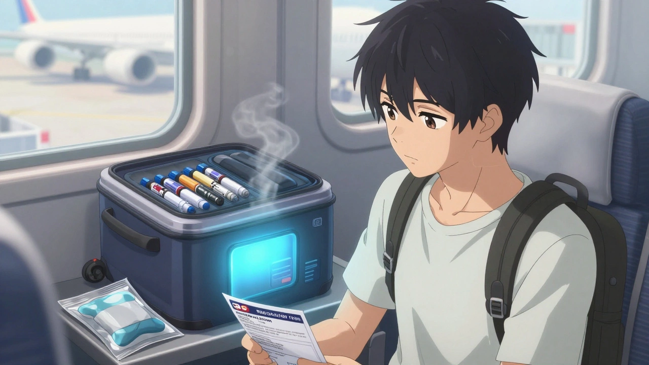 A traveler sits at an airport gate with a cooling wallet and insulin pens beside their bag.