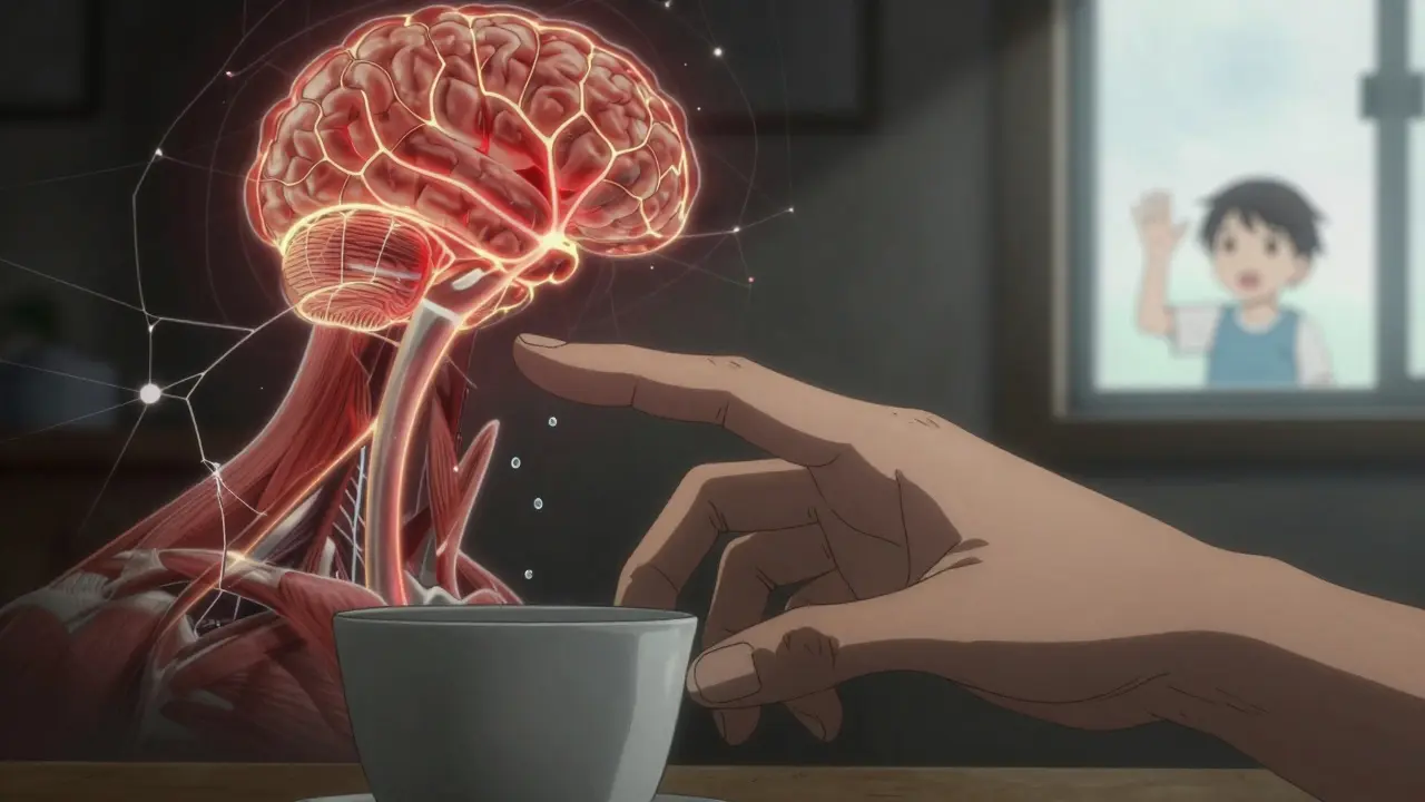 A trembling hand reaches for a cup, droplets suspended mid-air, with a glowing neural network pulsing behind in delicate anime detail.