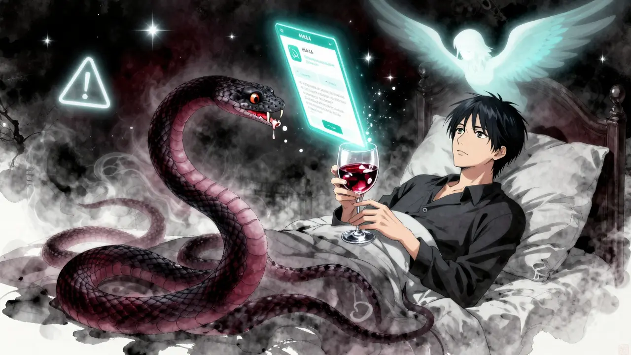 A wine glass turns into a serpent coiling around a senior, while a protective app glows above, surrounded by warning symbols in a dreamlike night scene.