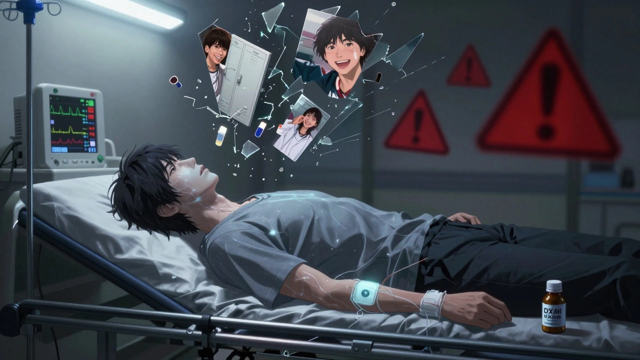 A young adult unconscious on a hospital gurney, with a DXM powder bottle nearby and neural pathways glowing dangerously bright.