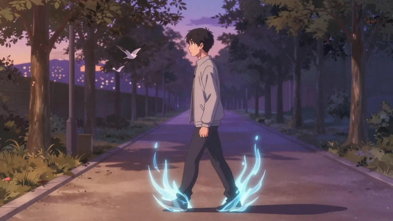 A young man walks at dusk, blue energy waves radiating from his steps as symbols of consistent exercise.
