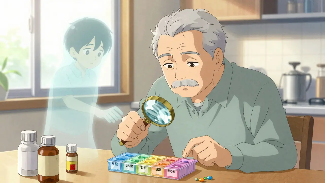 An elderly man carefully checks his pills using a magnifying glass at his kitchen table.