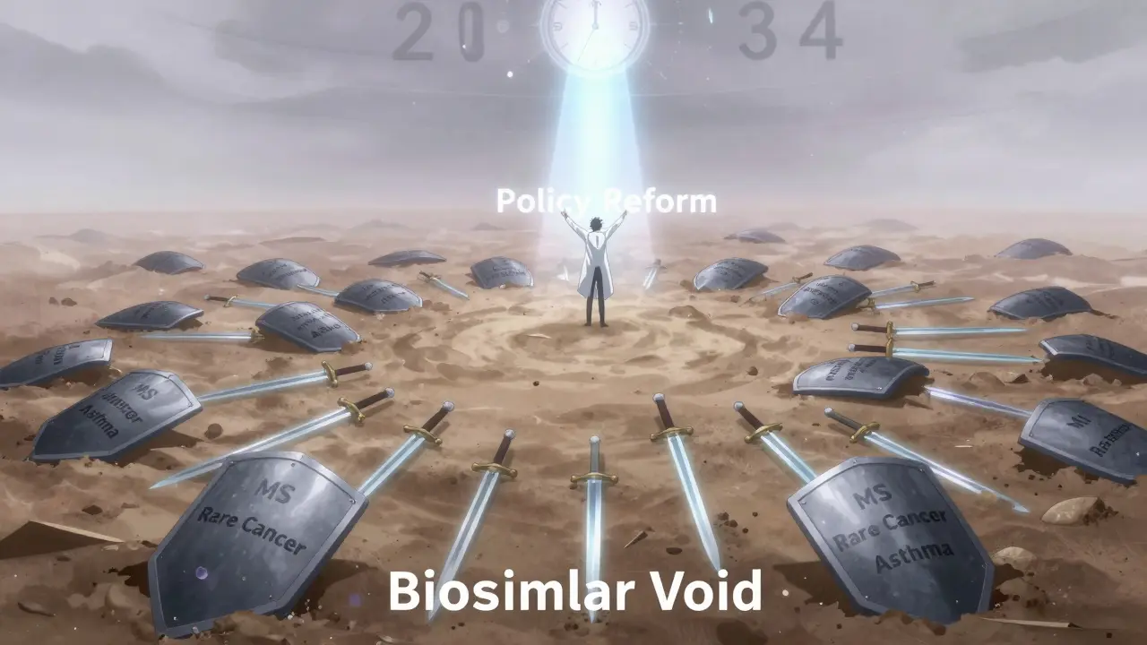 An empty battlefield of expired biologics with only 12 biosimilar swords remaining, under a ticking clock.