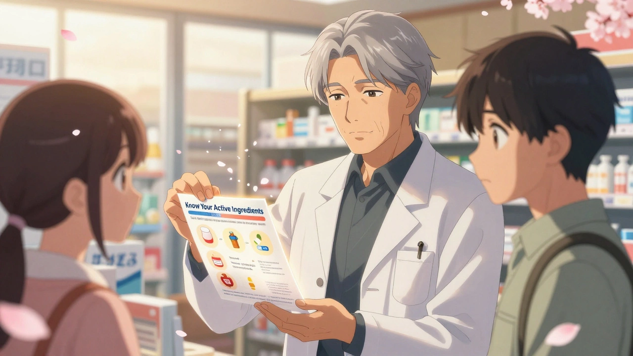 An older pharmacist giving a printed guide about active ingredients to a young shopper in a sunny pharmacy.