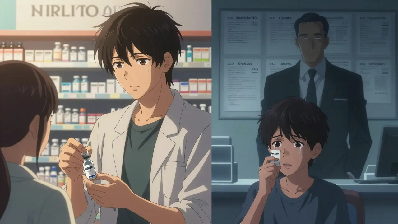 Contrasting European and American healthcare scenes: calm patients vs. a tearful one facing a ,000 drug price.