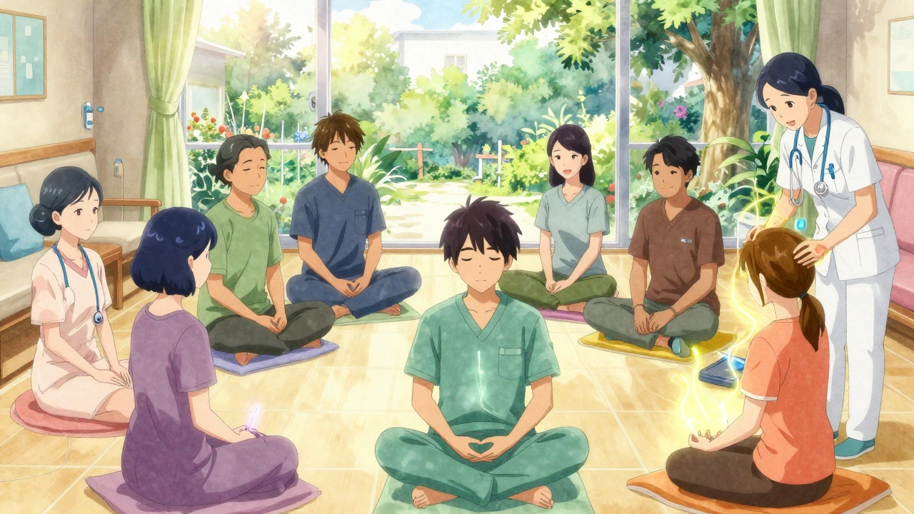 Diverse patients and caregivers in a calm lounge, some meditating or receiving acupuncture, with glowing auras and a garden visible outside.