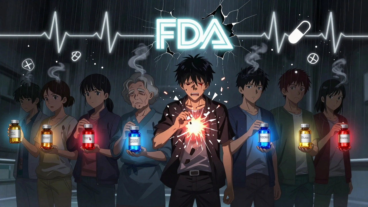 Diverse patients hold pill bottles with colored auras, one shattering into seizure sparks under a cracking FDA logo.