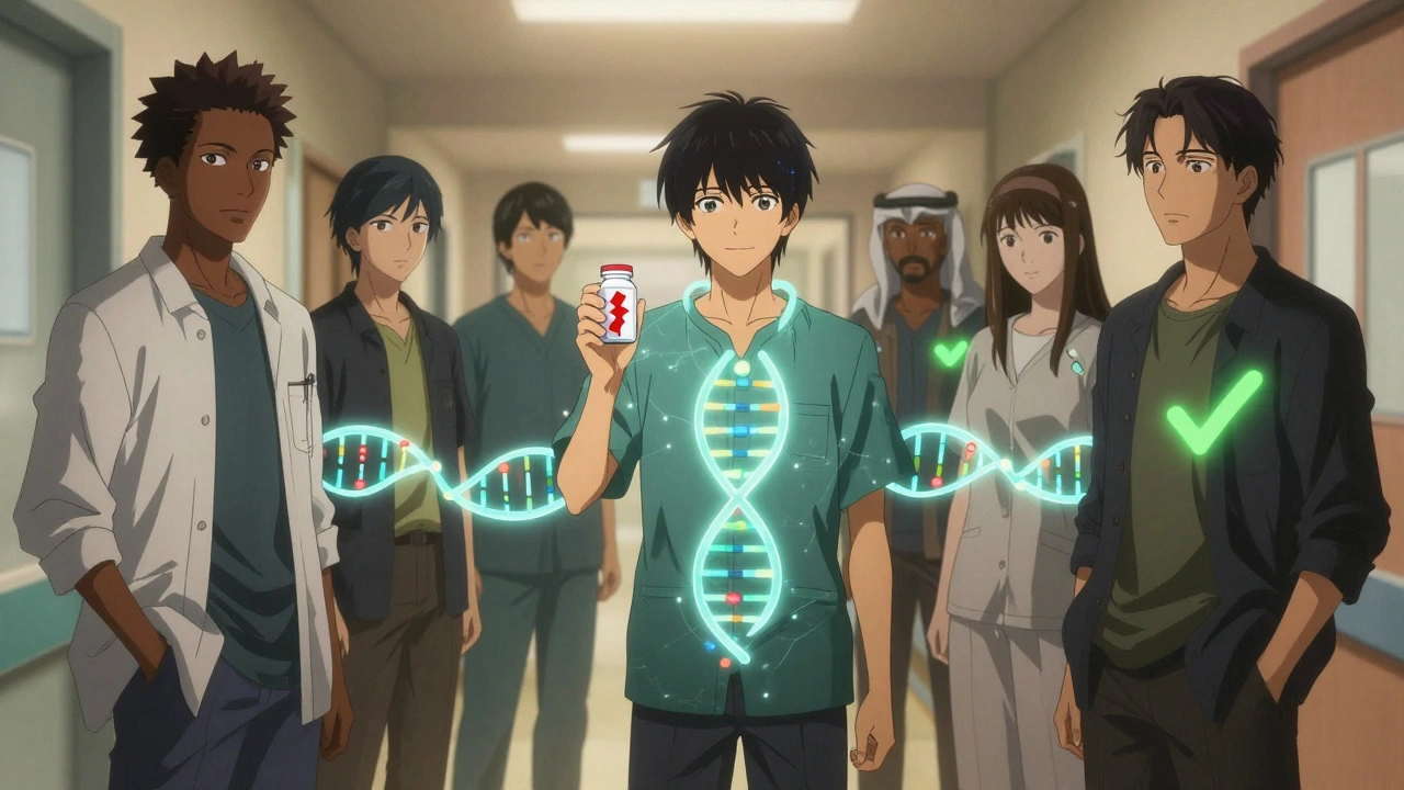 Diverse patients in hospital hallway with personalized genetic aura threads, symbolic DNA strands connecting them.