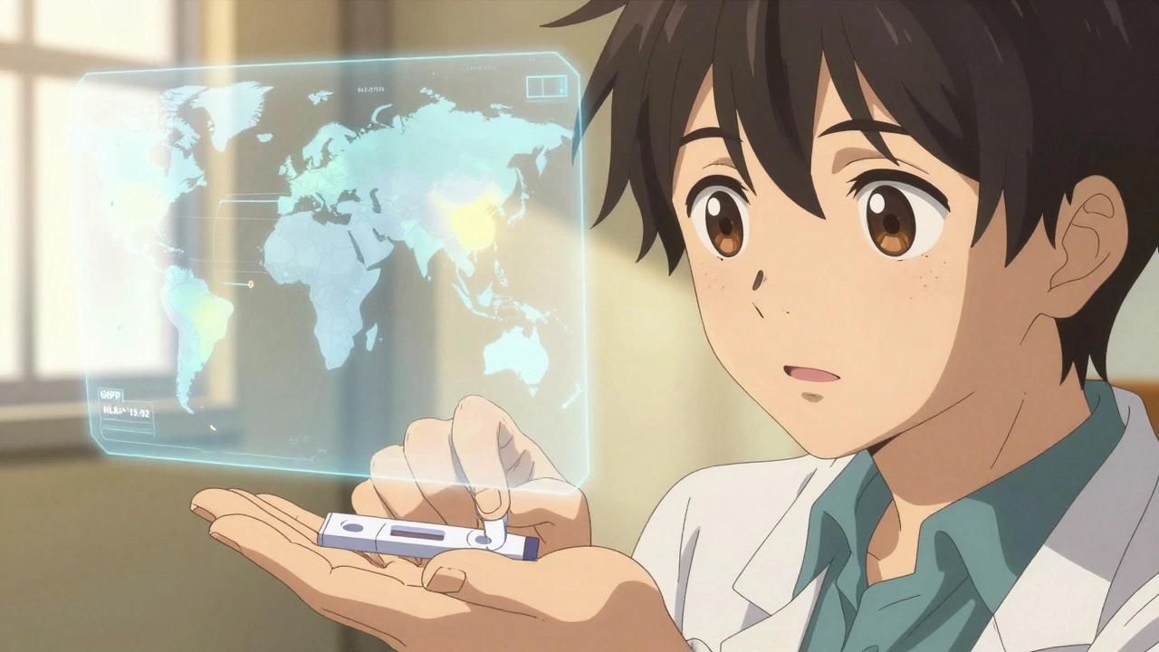 Doctor handing genetic test kit to patient, holographic global gene map glowing behind them in soft light.