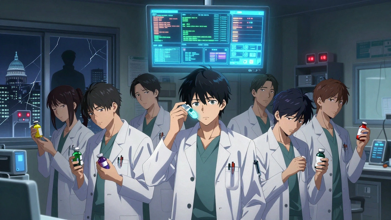 Exhausted pharmacists in a hospital room hold substituted drugs while AI alerts glow above them, symbolizing the strain of drug shortages.