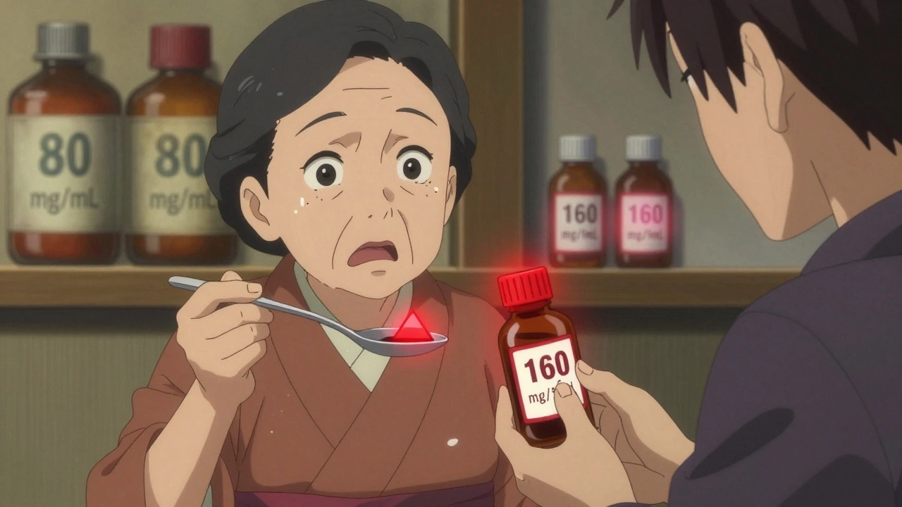 Grandmother shocked as kitchen spoon is taken away, outdated medicine bottles in background.