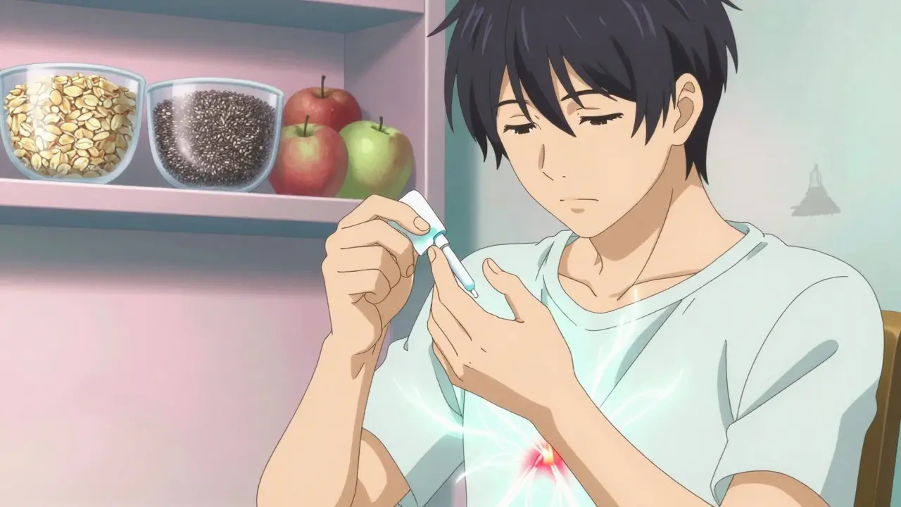 Man carefully applying medicated ointment, glowing healing energy, fiber-rich foods visible in background.