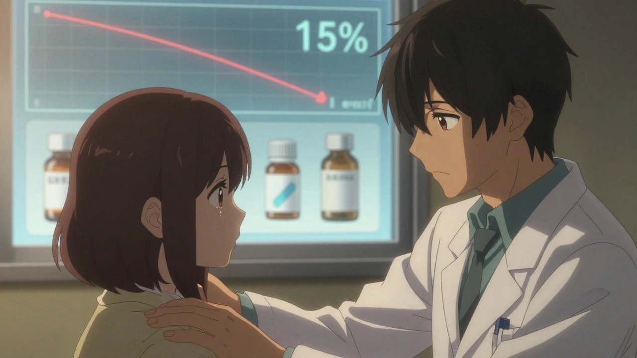 Neurologist comforting a teen who stares at her medication bottle, with abstract blood concentration graph floating behind.
