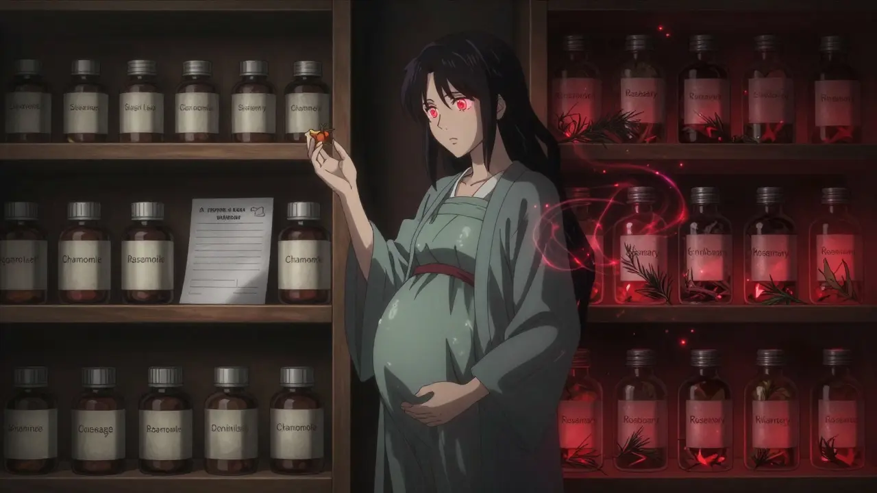 Pregnant figure choosing safe ginger over dangerous herbal supplements.