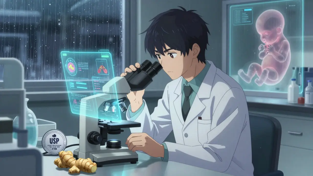 Scientist analyzing herbal supplements with holographic contamination data.