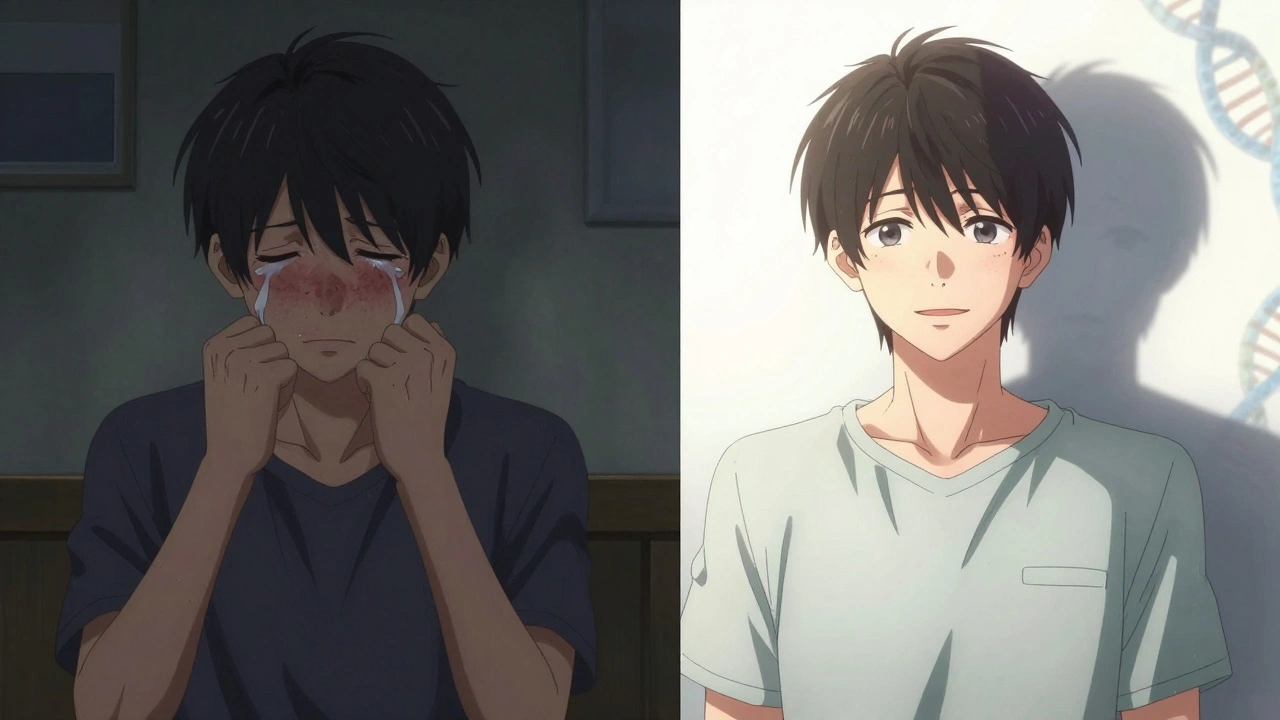 Split image: a teen with acne cries in darkness; same person smiles in sunlight, but a shadowy version of their past self lingers behind.