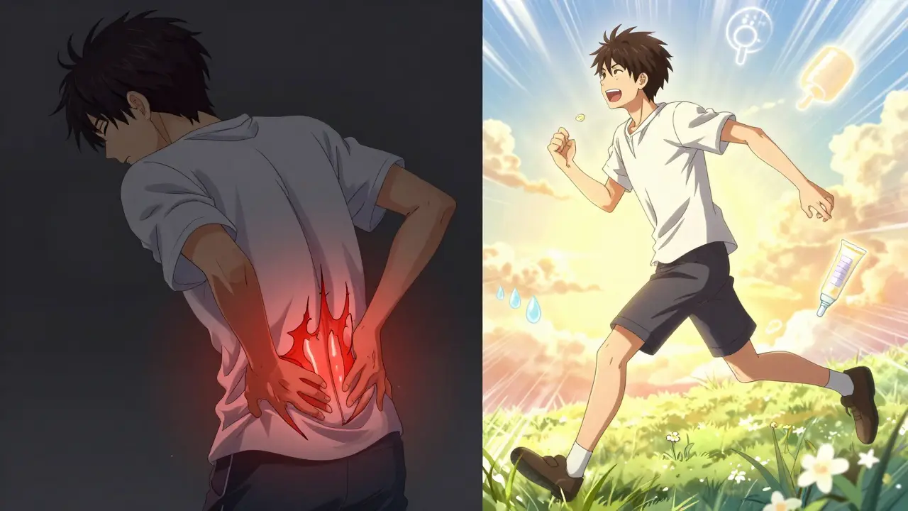 Split panel: pained figure vs. running healed figure, medical symbols floating, sunrise colors, emotional transformation.