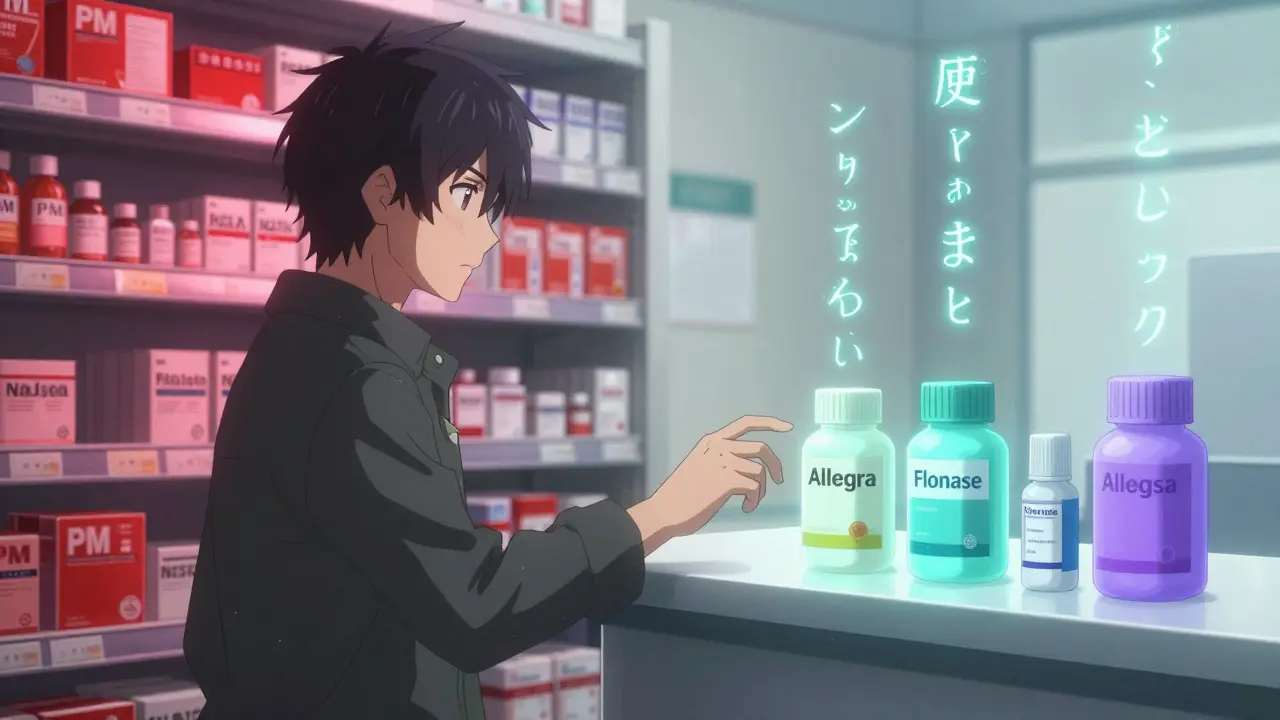 Split pharmacy scene: ominous red-labeled cold meds on one side, calm teal and lavender allergy remedies on the other, a hand choosing the safe option.