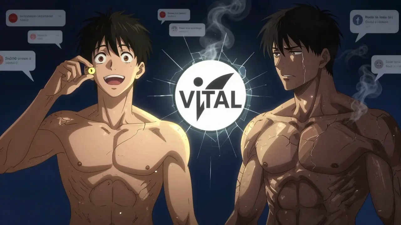 Split scene: hopeful vitamin D use vs. unchanged muscle pain, VITAL trial logo breaking between.