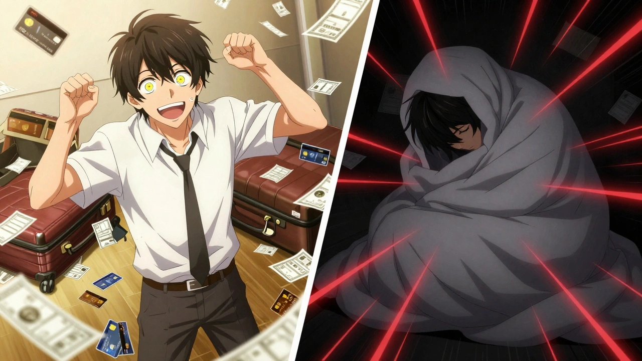 Split scene: one side shows manic energy with chaotic surroundings, the other shows crushing depression in darkness, highlighting bipolar duality.