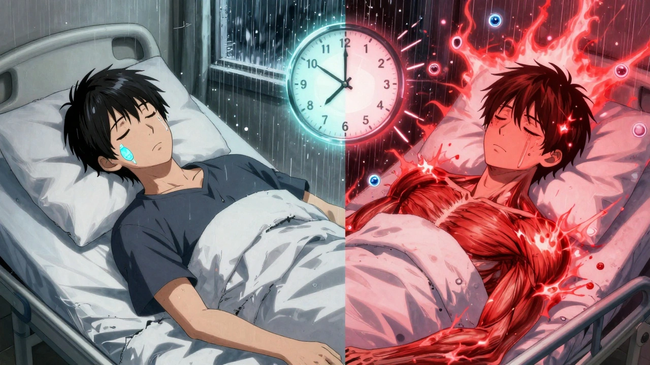 Split scene: peaceful patient vs. hospitalized patient with serotonin explosion, between them a broken clock.