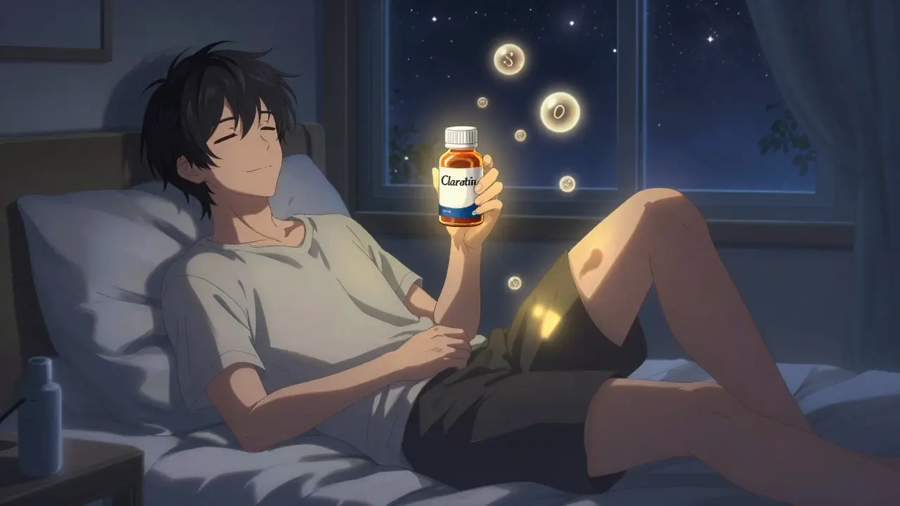 The same man sleeping peacefully, golden light from a Claritin bottle dissolving leg discomfort, stars shining through the window.