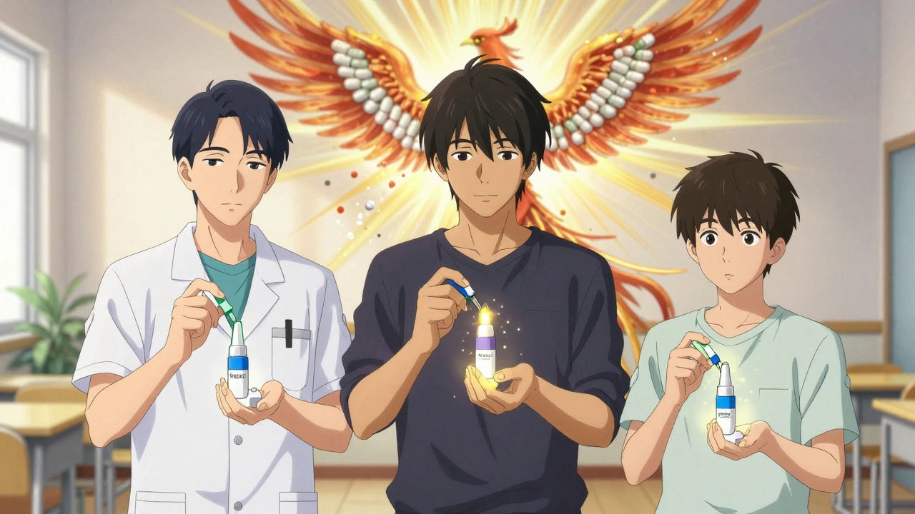 Three diverse individuals practice using naloxone sprays in a community center, guided by a mural of pills transforming into light.