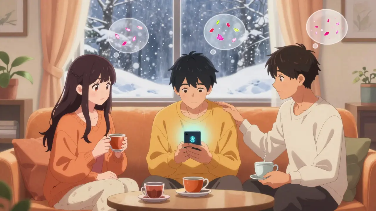 Three friends share quiet tea in a warm room, thought bubbles dissolving into petals as they support each other.