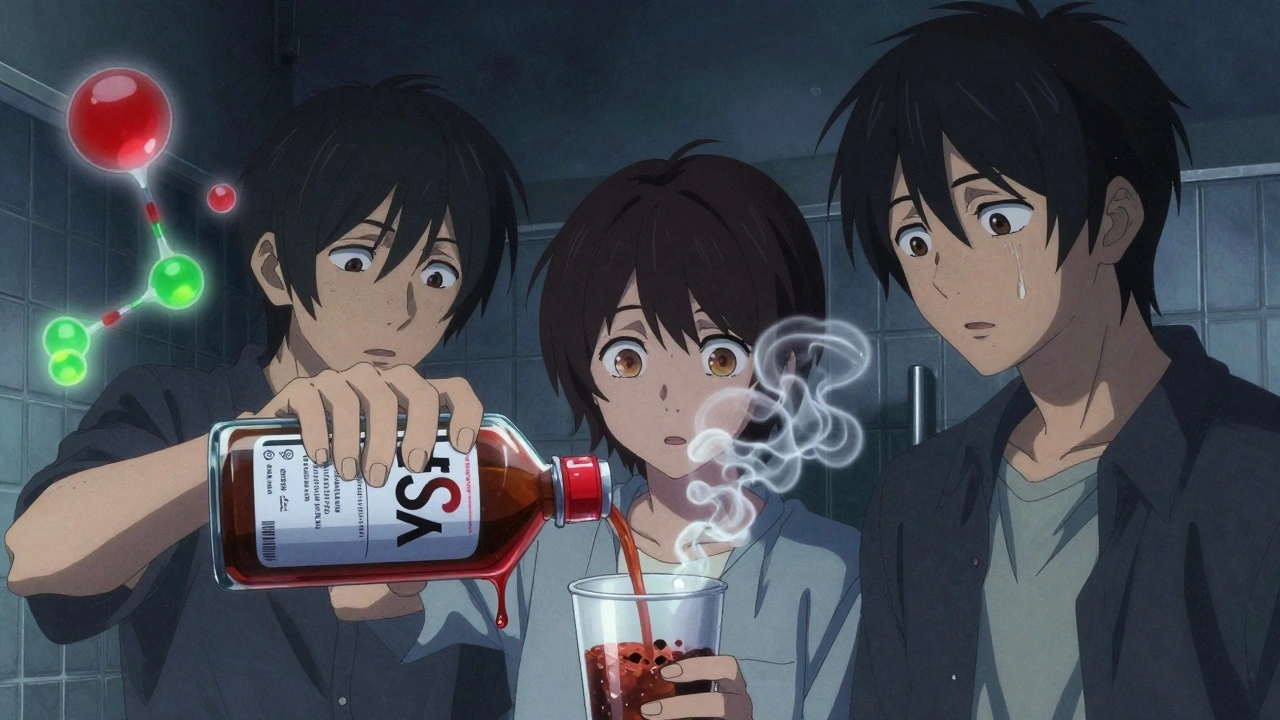 Three teens in a bathroom mixing cough syrup with soda, surrounded by floating visual distortions and glowing chemical particles.