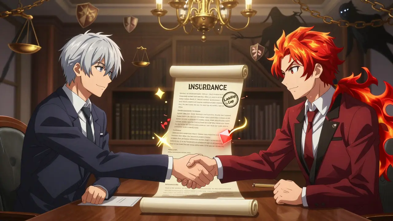 Two executives shake hands over a contract with glowing legal clauses during a high-stakes merger negotiation.