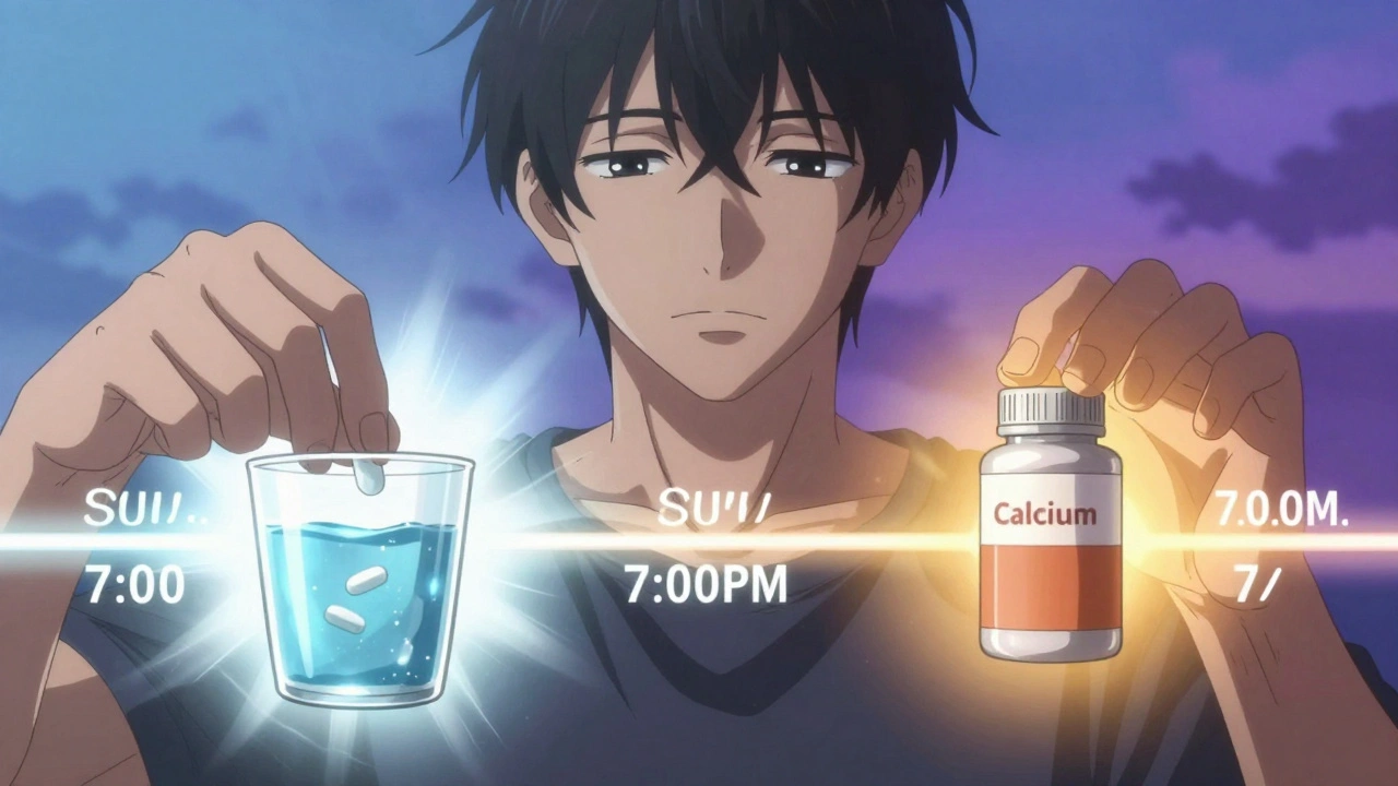 Two hands take bone medications at opposite times of day, separated by a glowing timeline.