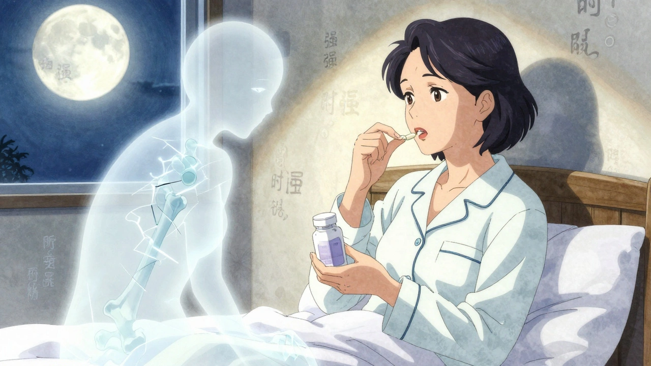 Woman takes calcium at bedtime as a fractured bone fades into light under moonlight.