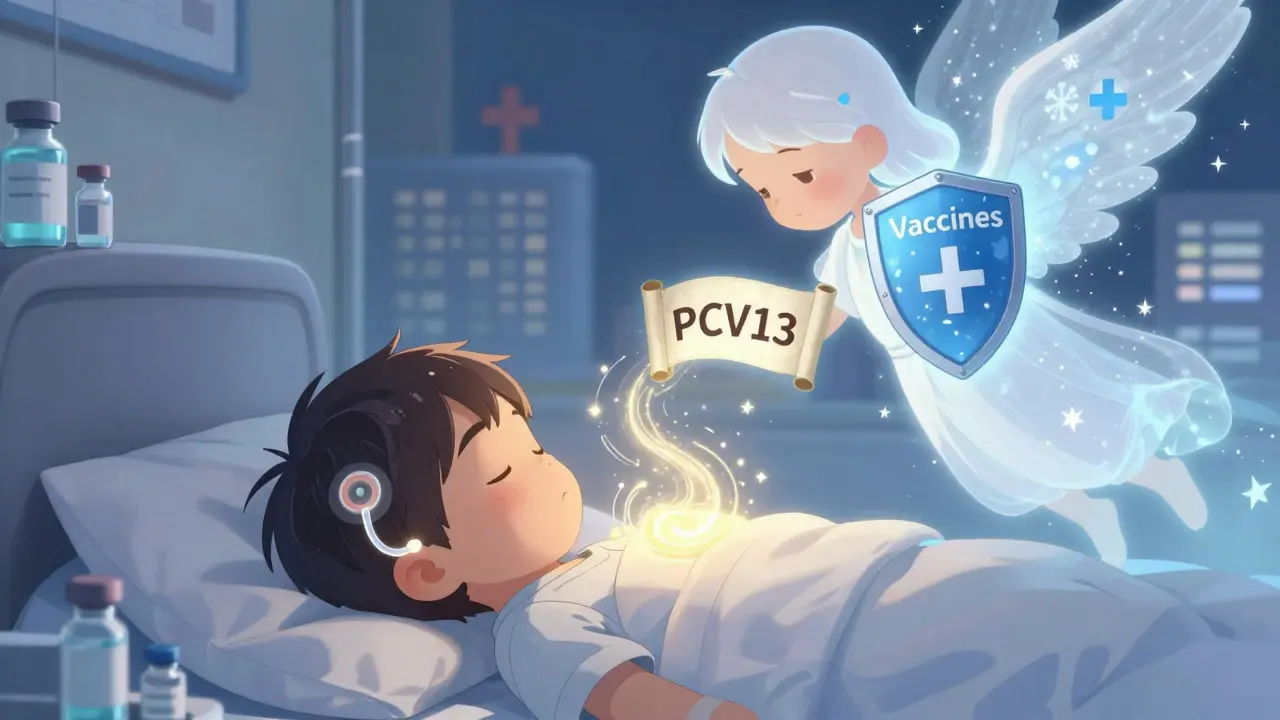 A child sleeps peacefully as a glowing ear tube radiates healing light, guarded by a stardust figure holding a vaccine shield.