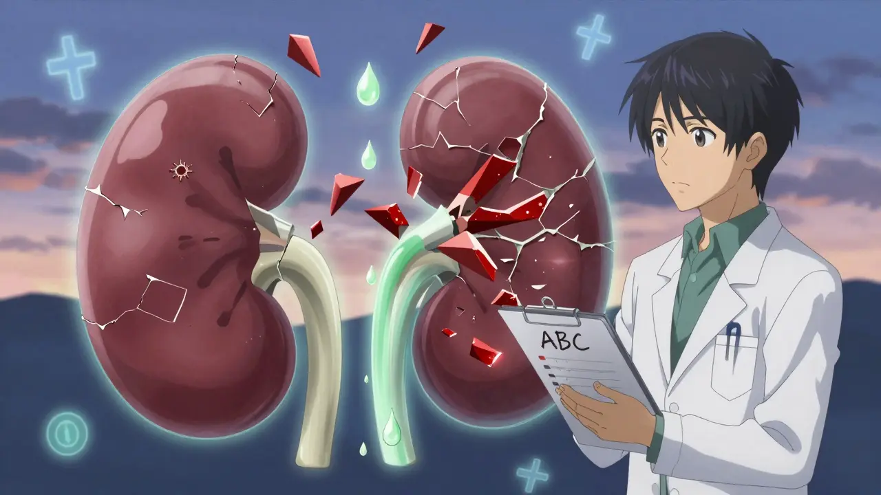 A cracked kidney filters safe apixaban droplets while other blood thinners shatter against it.