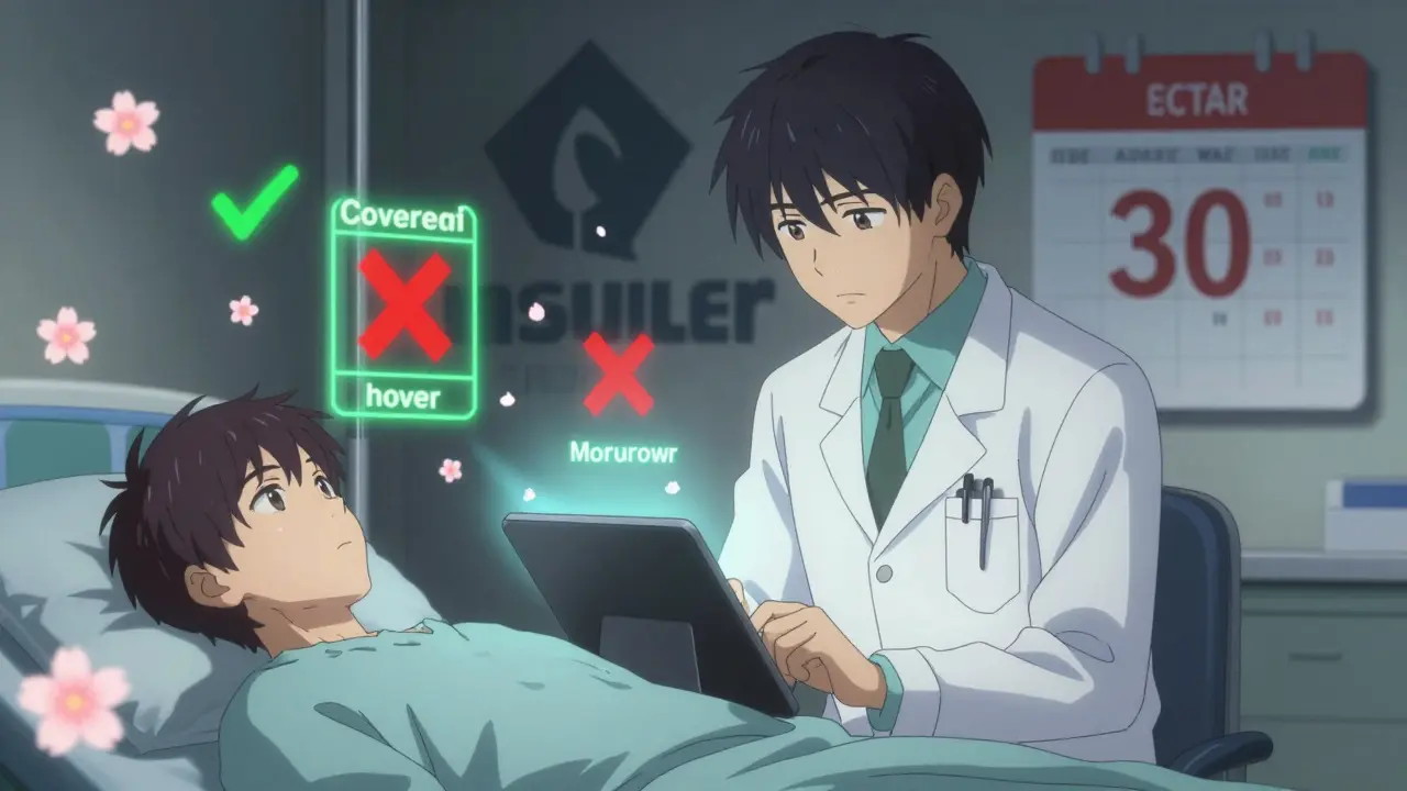 A doctor and patient view real-time formulary alerts on a tablet, with a countdown and insurer logo in the background.