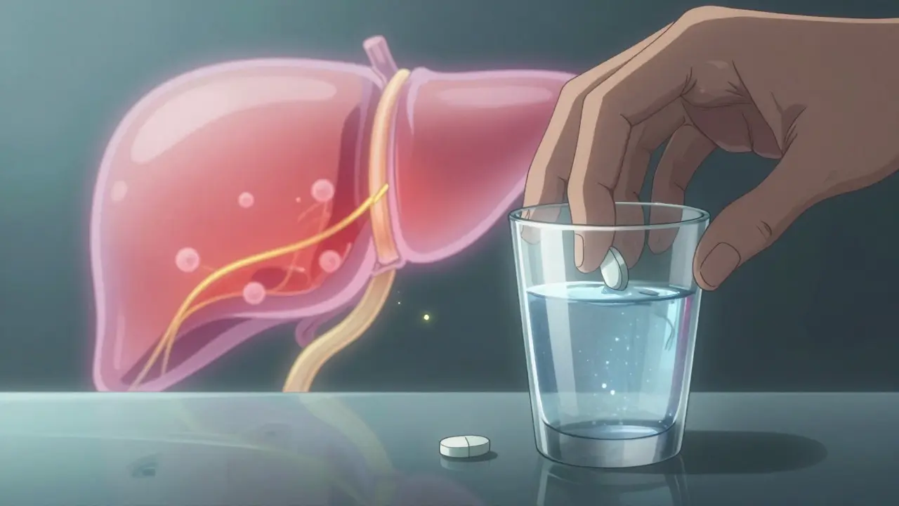 A hand placing prednisone and azathioprine pills beside a healing liver with fading inflammation.