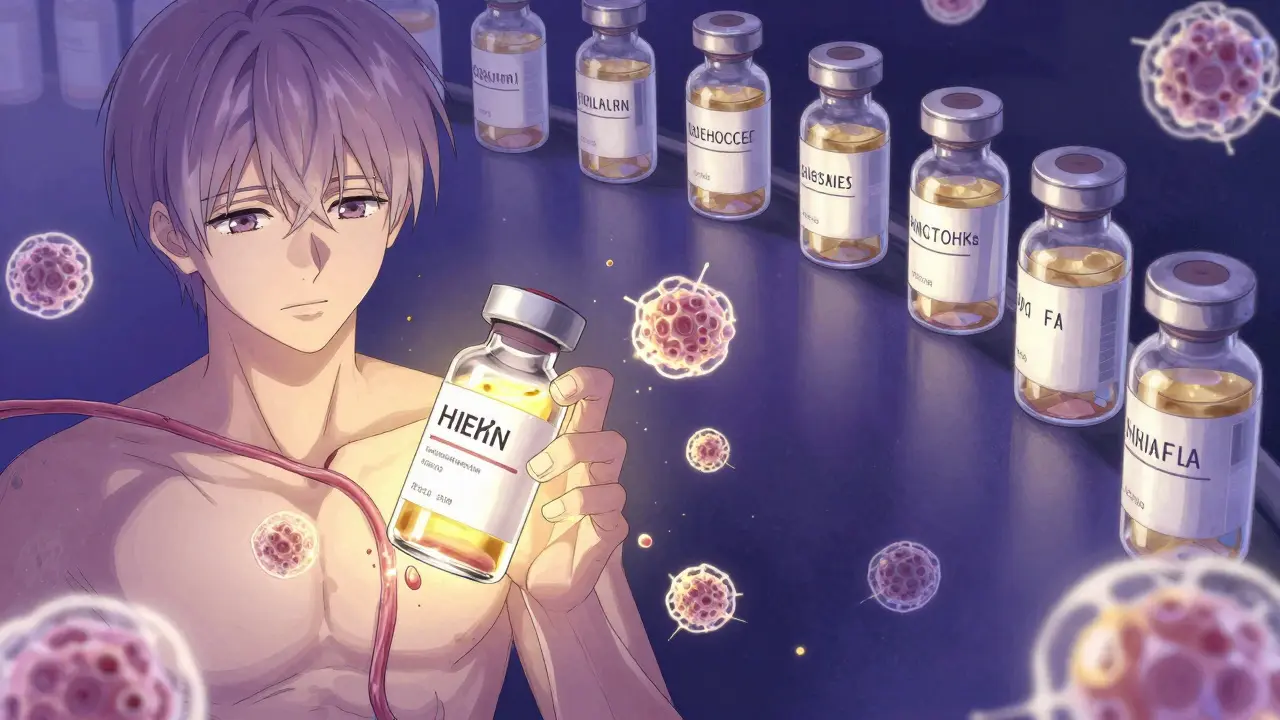 A patient's internal view shows immune cells reacting to a biosimilar vial dissolving in their blood.