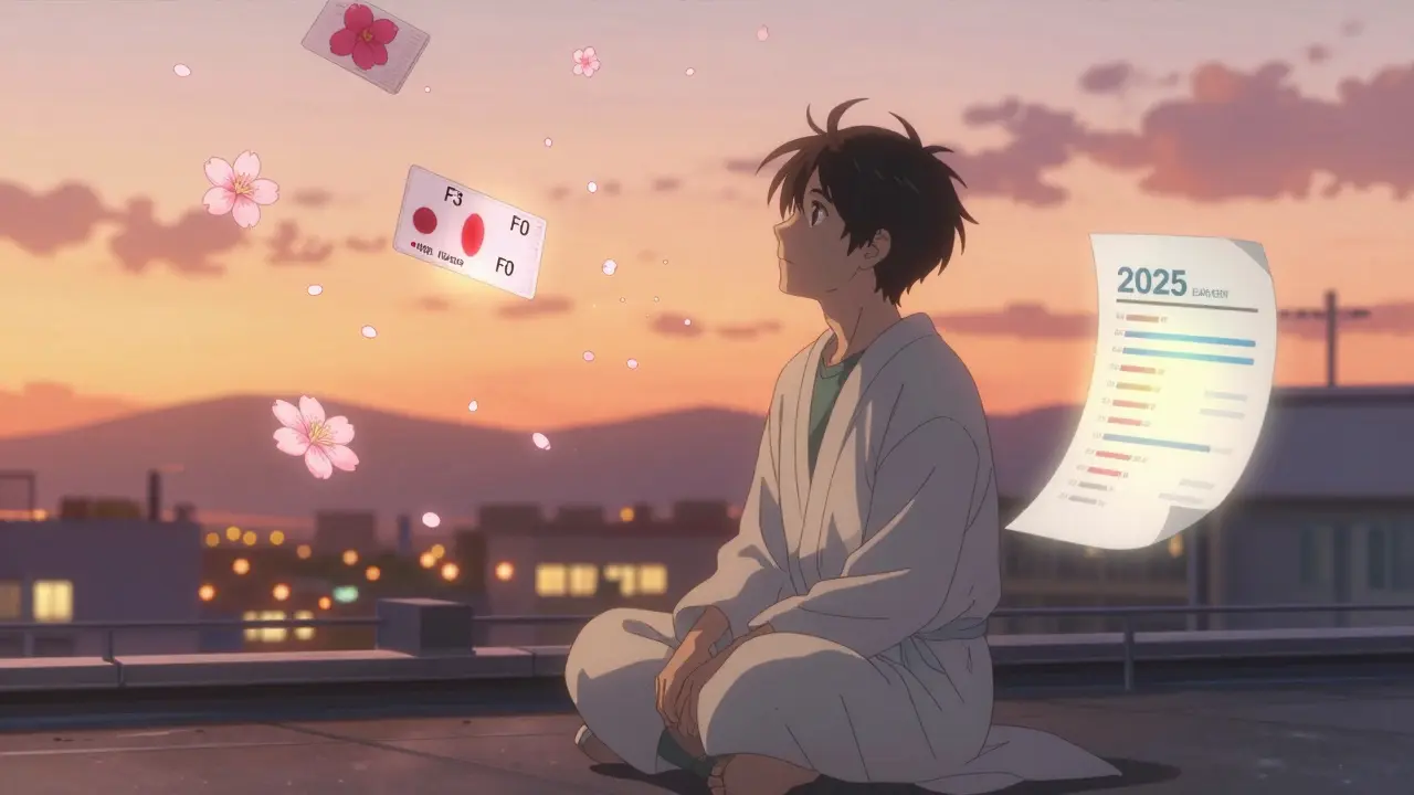 A patient on a rooftop as biopsy slides turn into cherry blossoms, symbolizing liver recovery.