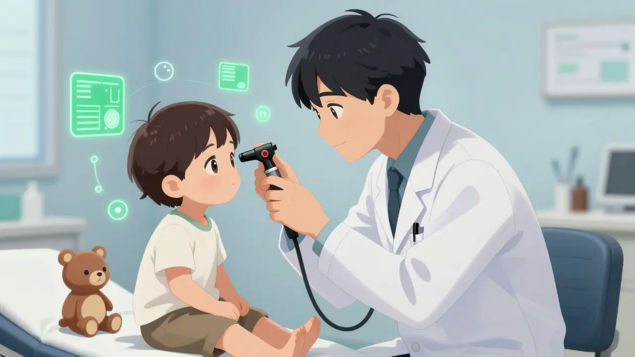 A pediatrician examines a child with a pneumatic otoscope, glowing diagnostic elements floating nearby in a calm clinic setting.