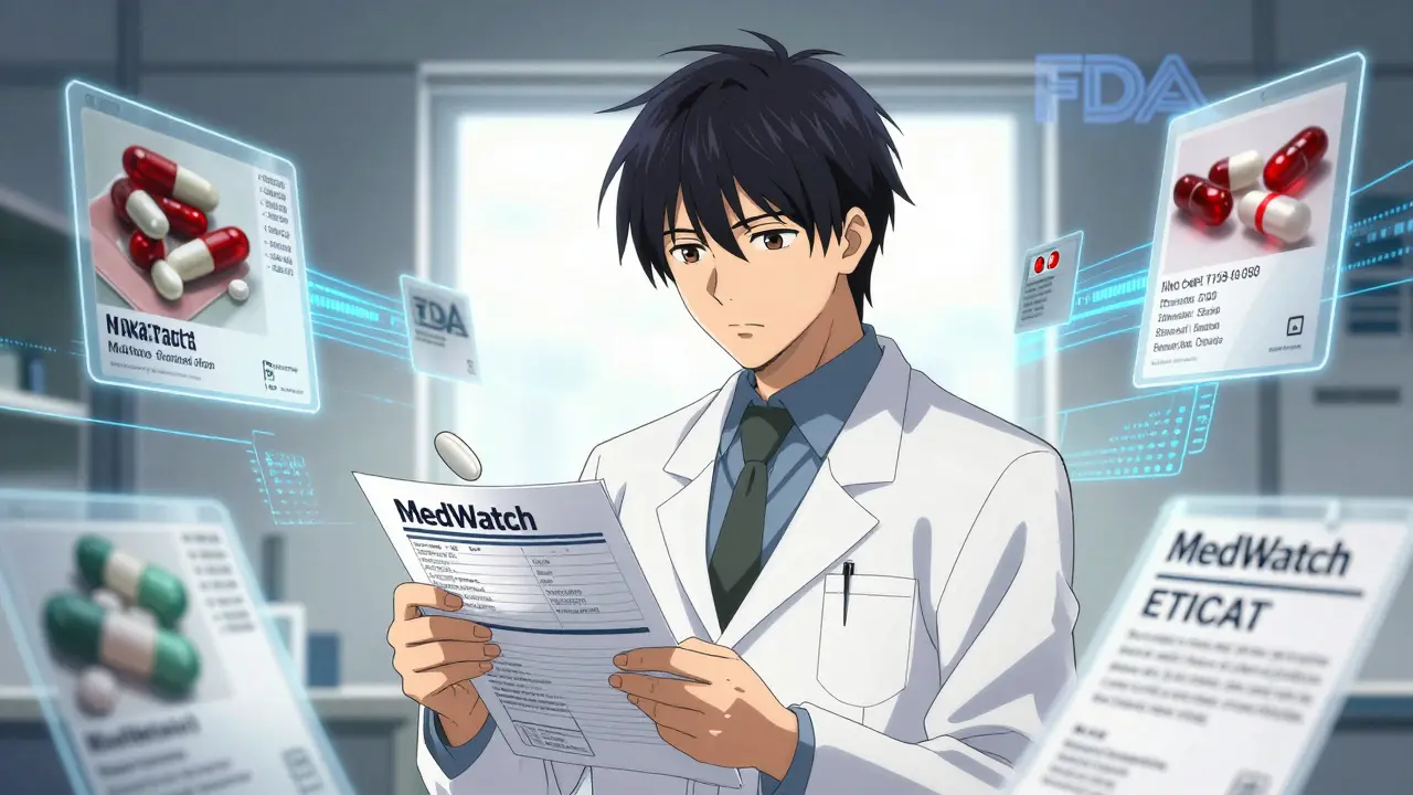 A pharmacist filing a counterfeit drug report on a tablet, with floating images of suspicious pills around them.