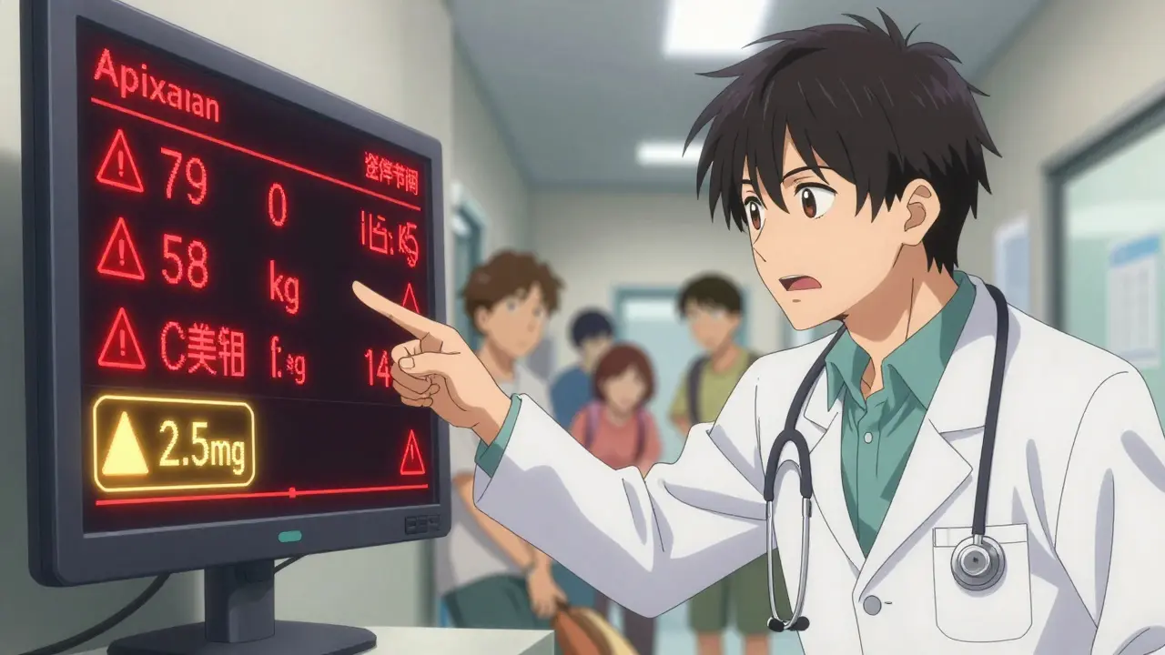 A pharmacist points at a warning screen showing incorrect apixaban dosage for an elderly patient.