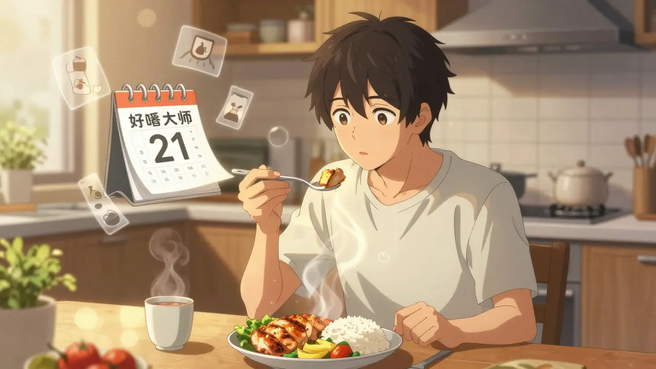 A young man enjoys a balanced meal during a diet break, golden energy waves resetting his metabolism around him.