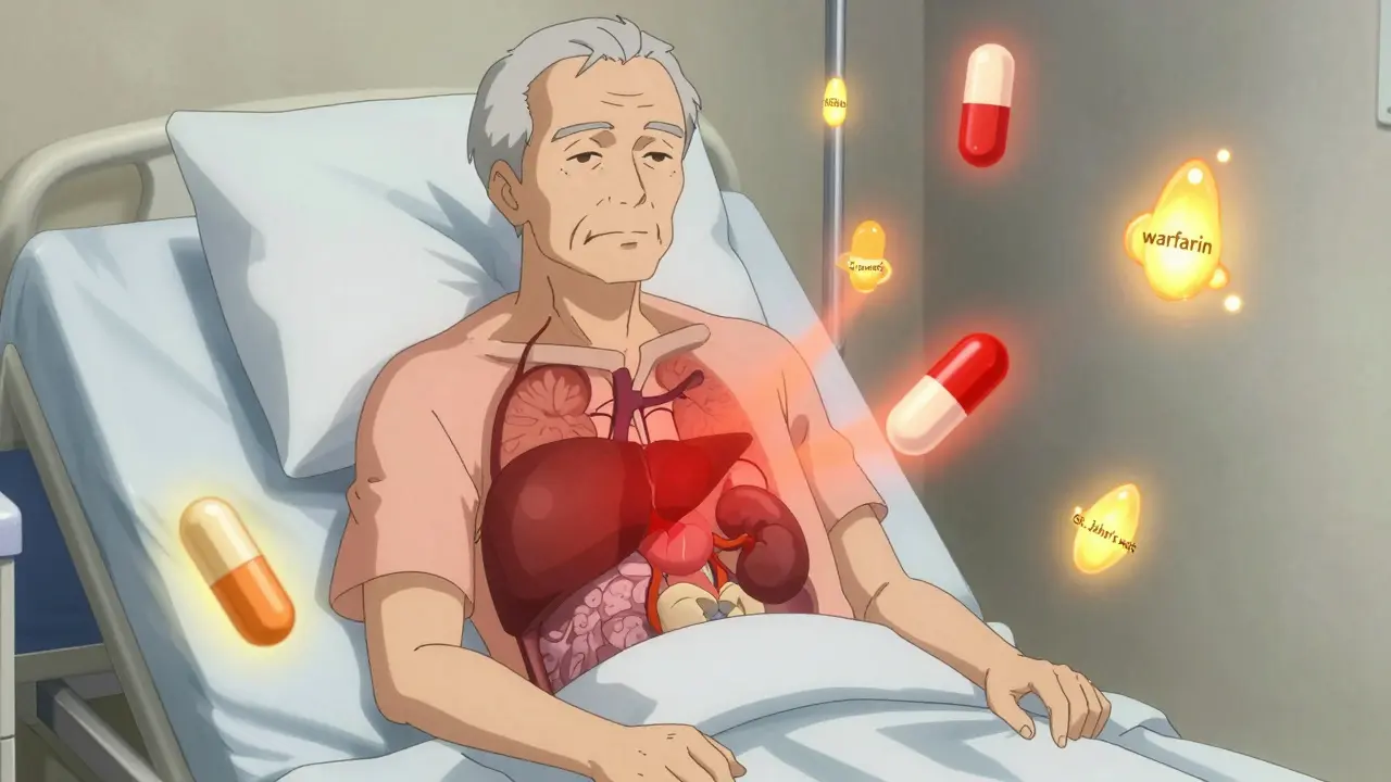 An elderly man with translucent organs showing how aging affects drug processing, surrounded by floating pills.
