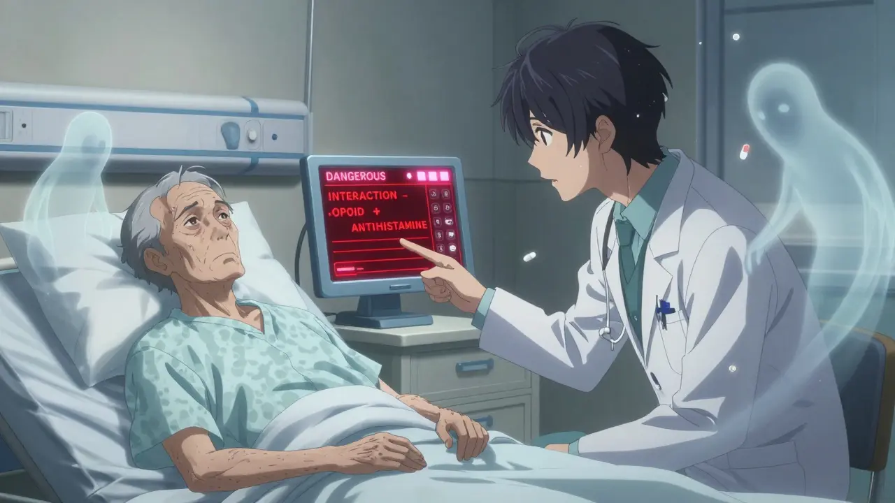 An elderly patient in a hospital bed with a warning screen glowing red, ghostly pills hovering around him in a bishounen style.