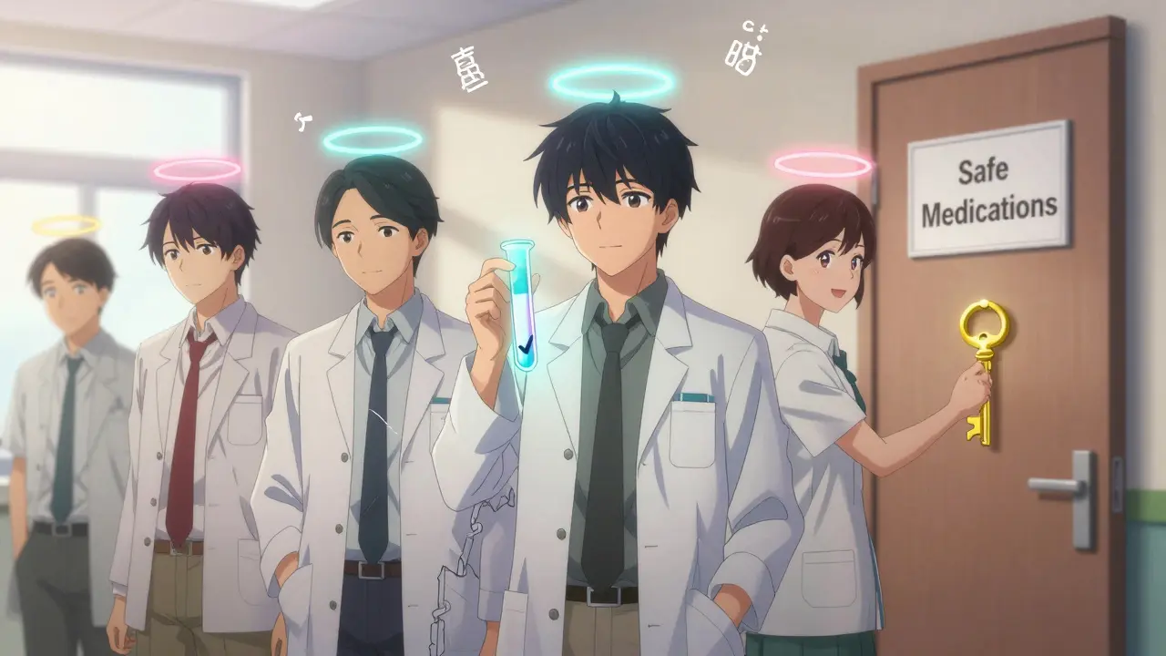 Diverse group in clinic with glowing auras showing corrected drug reactions and hope.