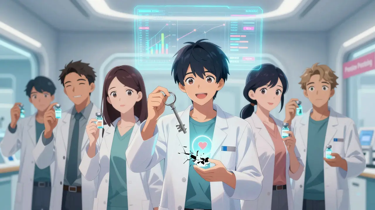 Diverse individuals in a clinic each receiving personalized medication based on their genetic keys.