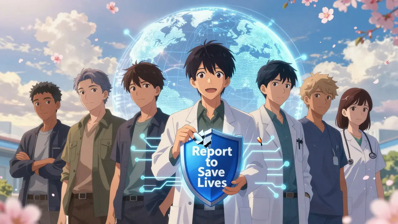 Diverse individuals uniting under a global safety network, holding pieces of a broken pill that forms a shield.