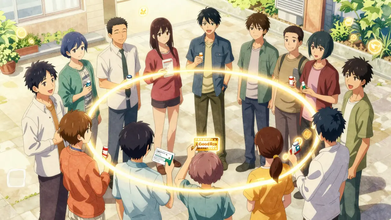 Diverse patients in courtyard connected by light trails representing affordable GI treatment options